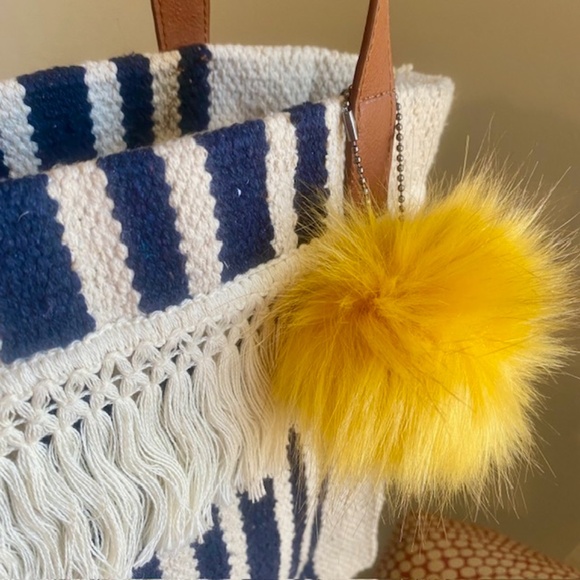 Adorable Tote bag w/Pom Pom Detail Keychain & Fringe - Navy/Cream/Golden Yellow - Picture 6 of 7